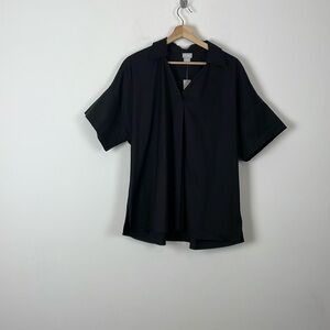 Chico's Short Sleeve Womens 3 Pullover V Neck Poplin Slit Sides Black Tunic Top